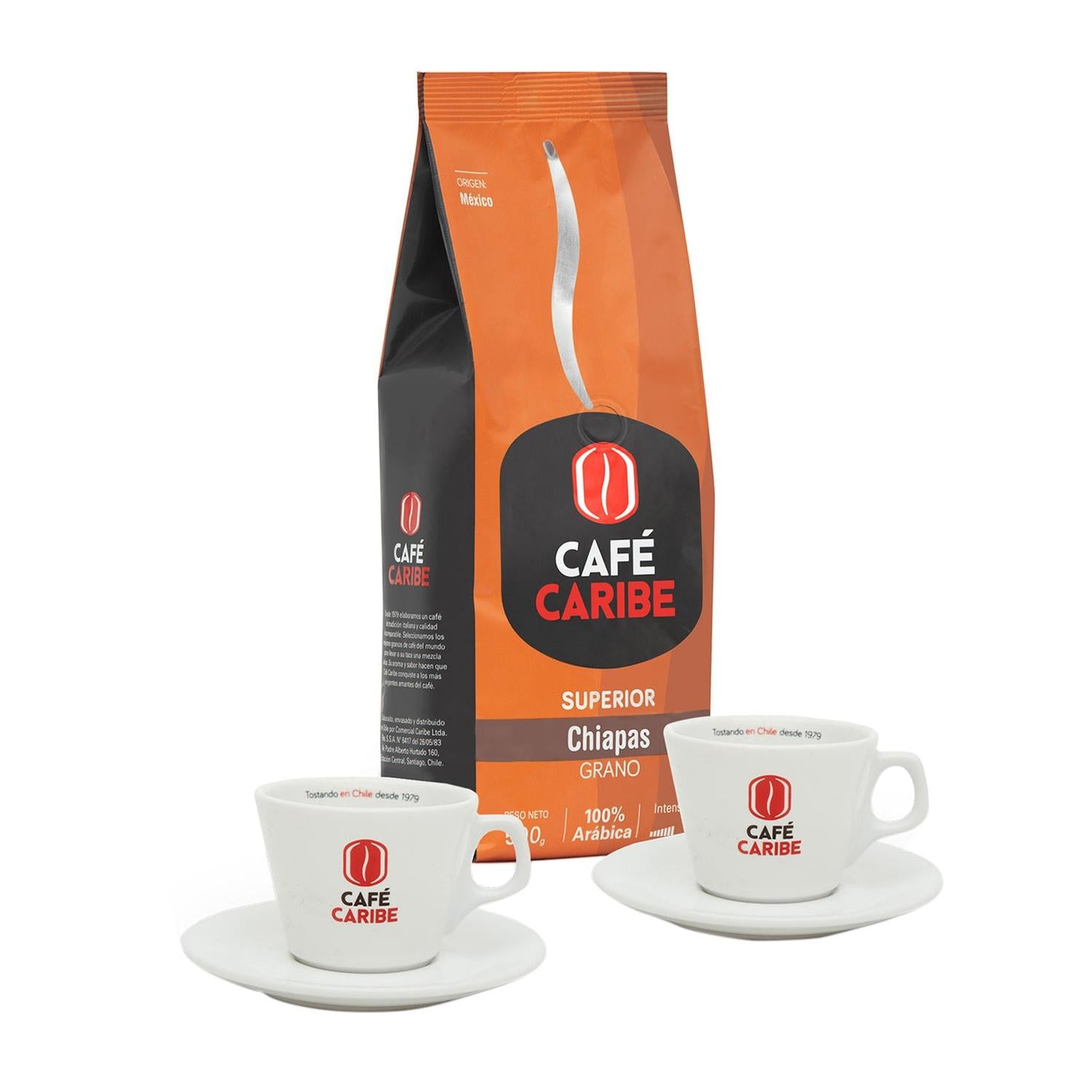Café Caribe Chiapas Superior Origen México en Grano 500gr con 2 Tazas de Cappuccino

