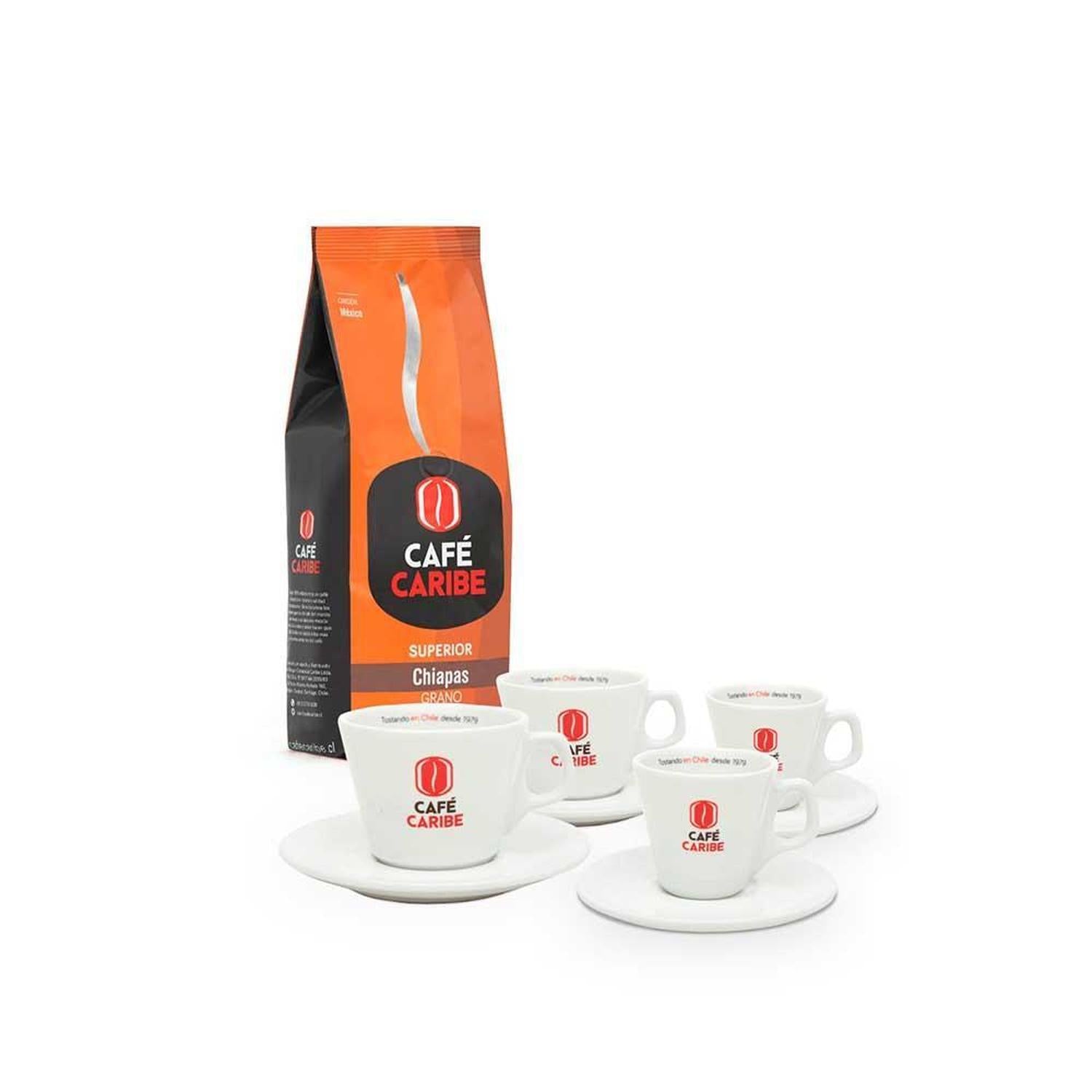 Café Caribe Chiapas Superior Origen México en Grano 500gr con 2 Tazas de Cappuccino y 2 Tazas de Espresso
