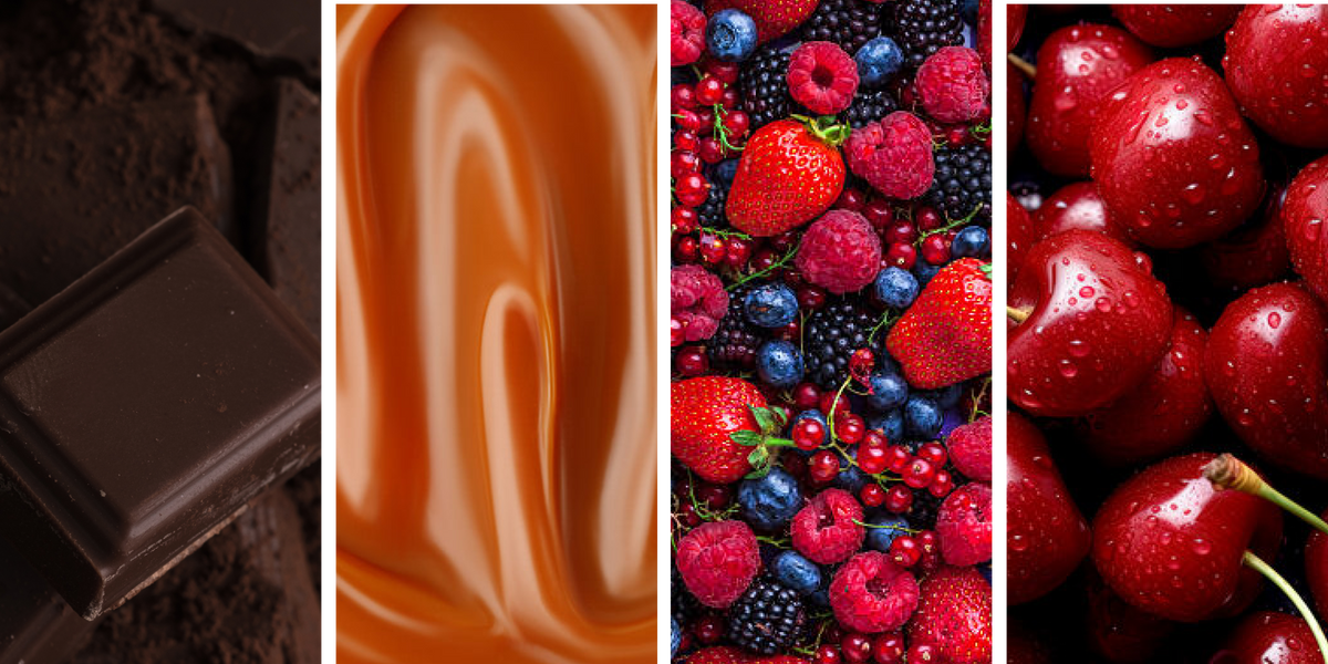 Chocolate, caramelo, cereza y frutos rojos