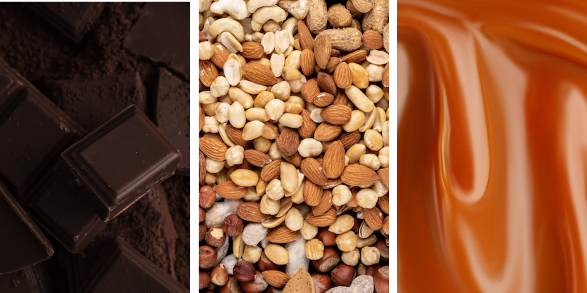 Chocolate, frutos secos y caramelo tostado