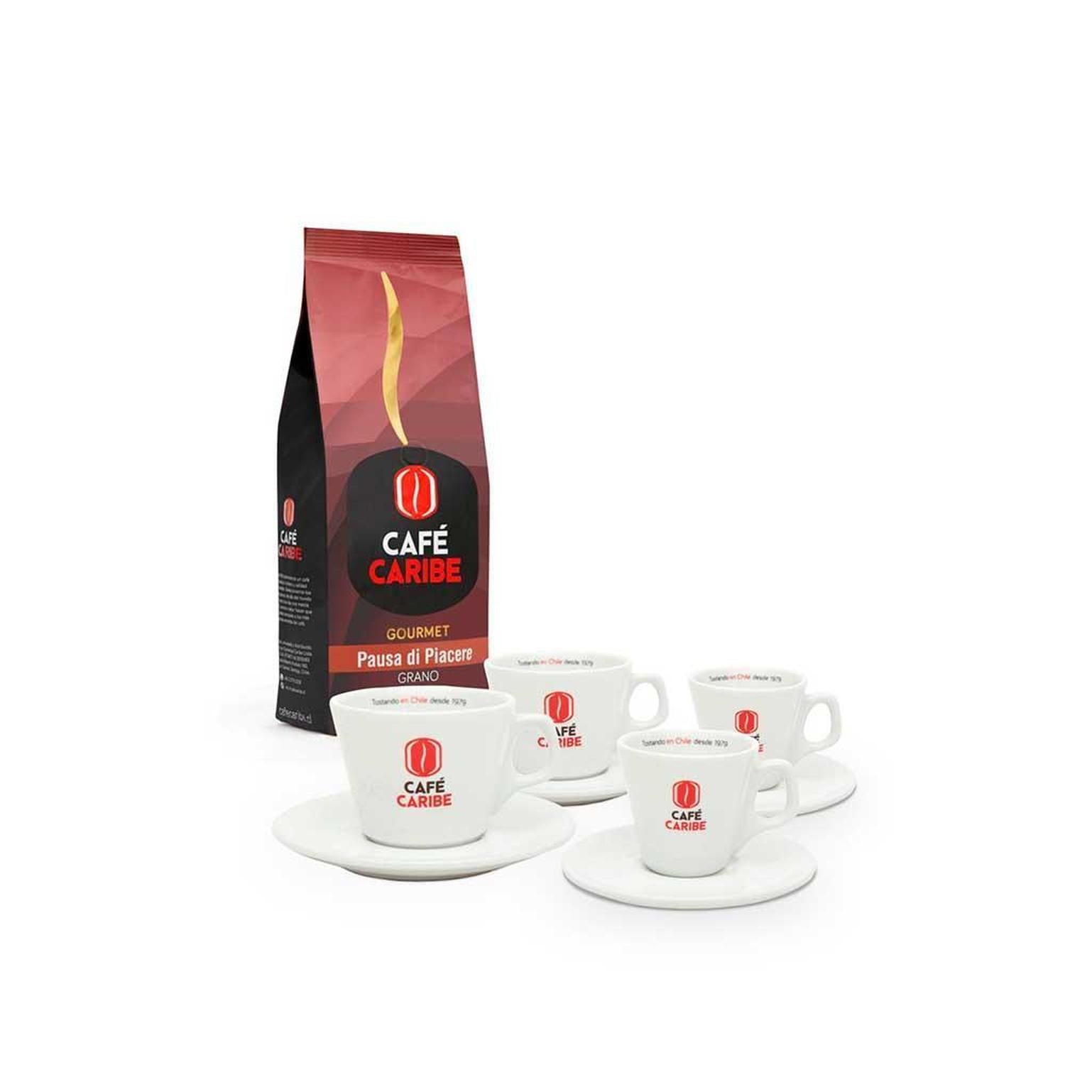 Café Caribe Pausa di Piacere en Grano 500gr con 2 Tazas de Cappuccino y 2 Tazas de Espresso
